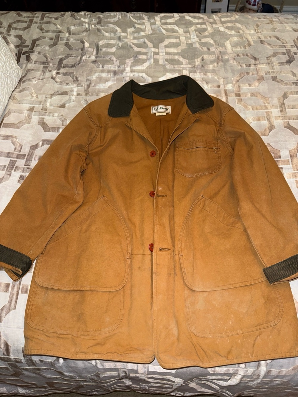 L.L. Bean Tan Duck Canvas Coat with Dark Brown Corduroy Collar